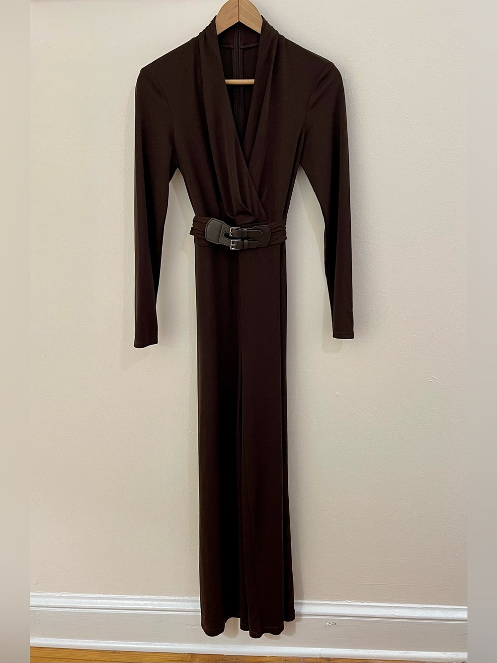 Lauren Ralph Lauren Brown Belted Jumpsuit S Petite Wrap Wide Leg